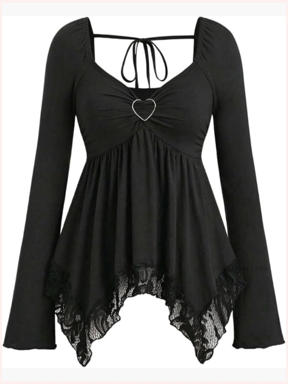 Long Sleeve Babydoll Top Lace Trim Peplum Asymmetrical Tie Back Blouse